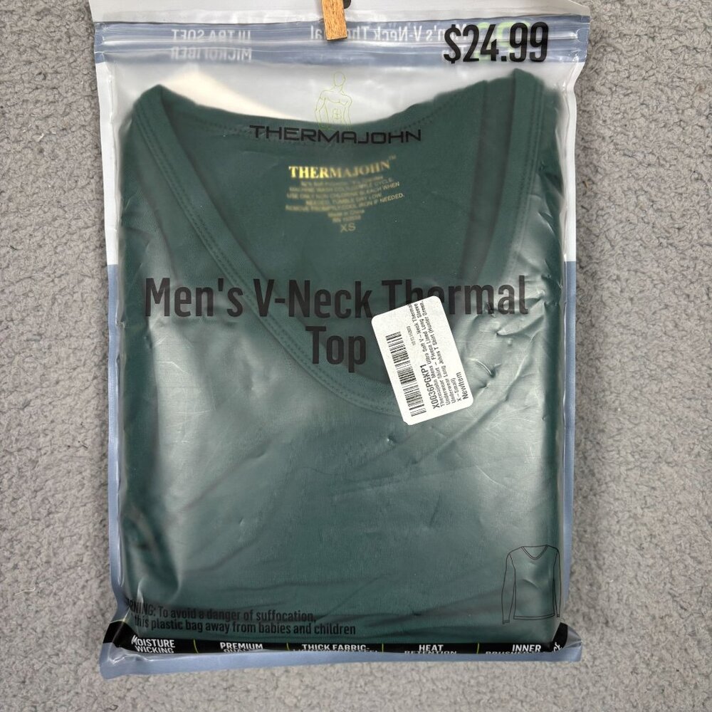 Thermajohn Mens Base Layer Cold Weather V-Neck Thermal Top Green XS NWT's